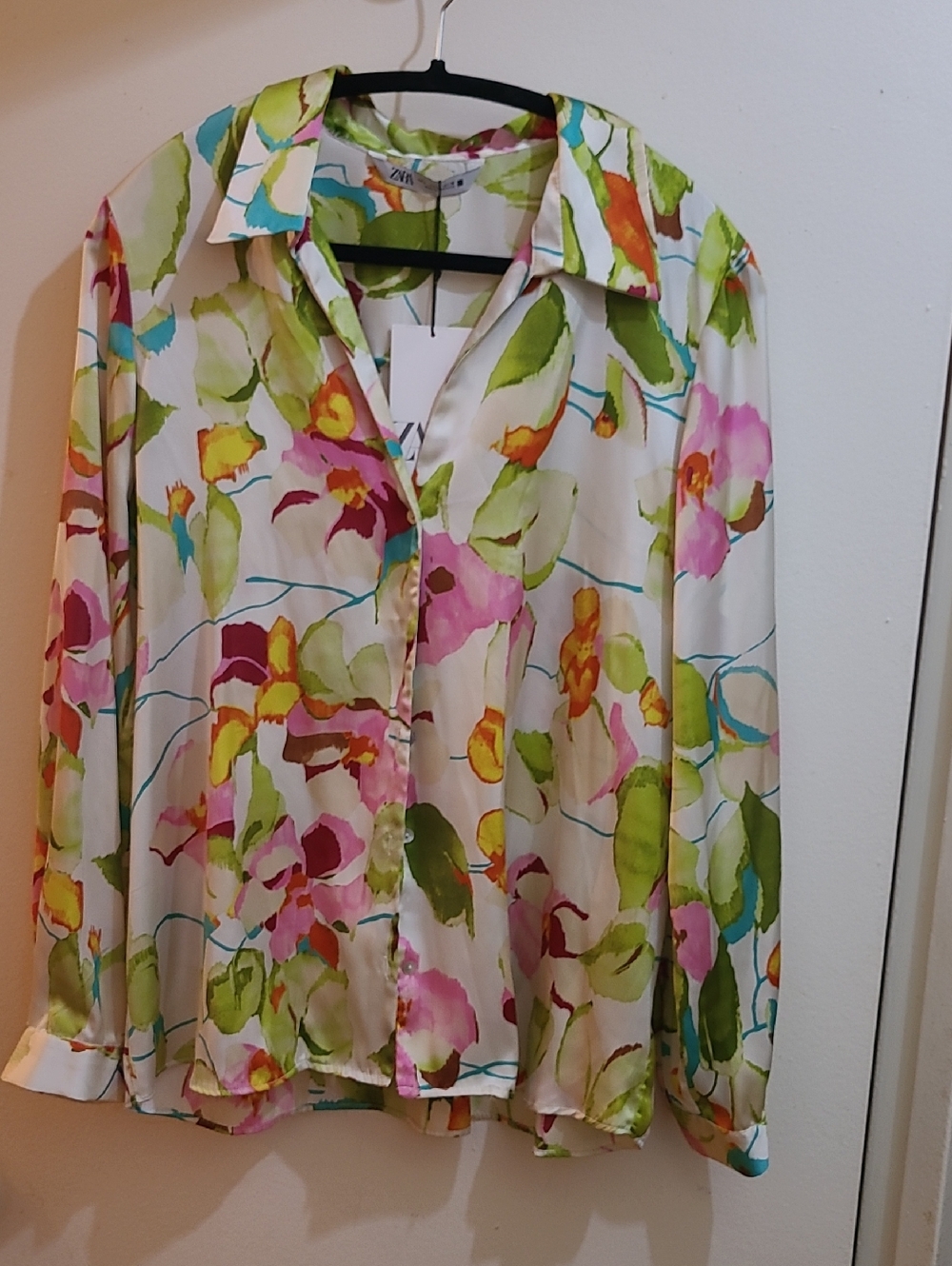 Zara Multicolour Floral Watercolour Satin Button-Down Long Sleeve Shirt